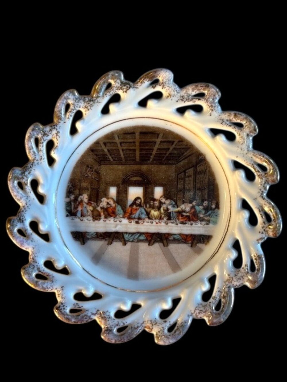 Vintage MCM Last Supper Reticulated Gold-Trimmed Lace Porcelain Plate Japan